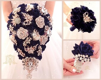 Navy blue rose gold or gold Teardrop brooch bouquet. Wedding bouquet.