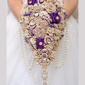 Purple and Gold Bridal Bouquet made of jewelry Crystals and Brooches