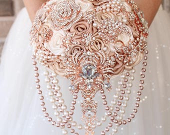 Cascading Champagne rose gold shiny and bling brooch bouquet
