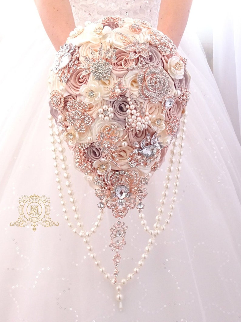 Rose gold champagne teardrop brooch bouquet image 1