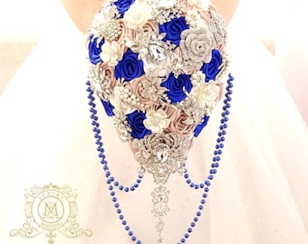 Wedding cascading Royal blue Silver Teardrop brooch bouquet.