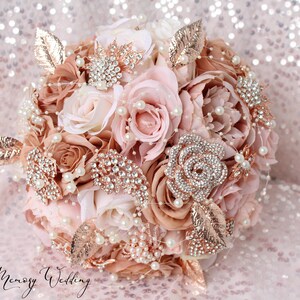 Champagne Wedding bouquet. Blush pink rose gold brooch bouquet. Bridal bouquet. Silk flowers bouquet image 2