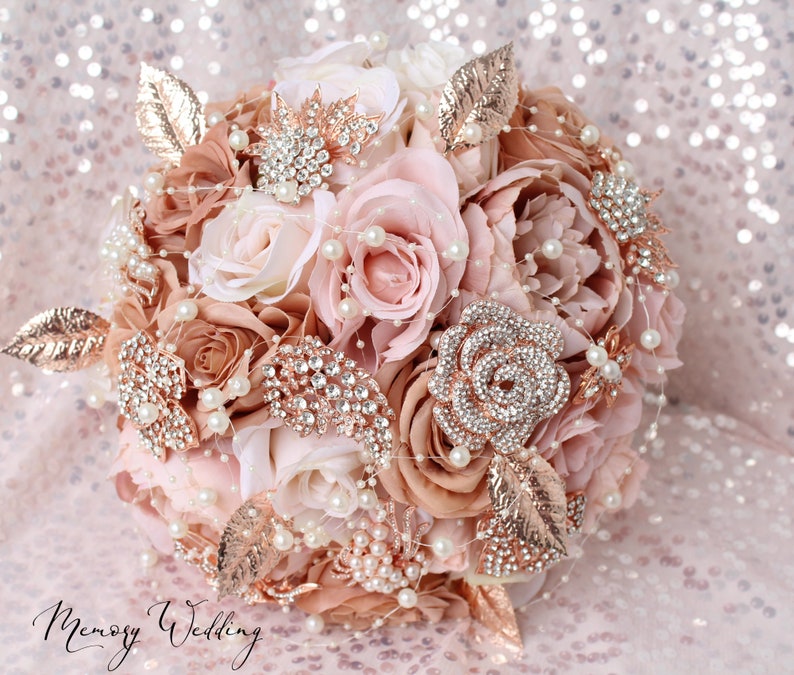 Champagne Wedding bouquet. Blush pink rose gold brooch bouquet. Bridal bouquet. Silk flowers bouquet image 2