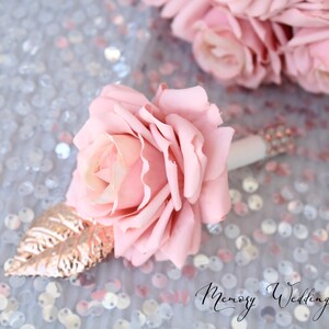 Champagne Wedding bouquet. Blush pink rose gold brooch bouquet. Bridal bouquet. Silk flowers bouquet Boutonniere