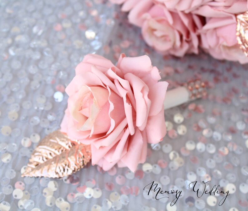 Champagne Wedding bouquet. Blush pink rose gold brooch bouquet. Bridal bouquet. Silk flowers bouquet Boutonniere