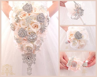 Wedding bouquet Blush pink cascading  teardrop brooch bouquet. Cascading bouquet