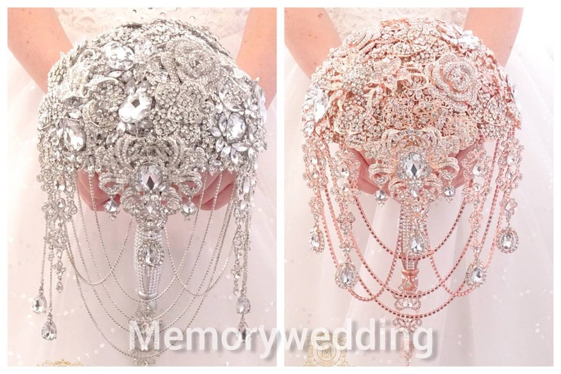 lux handle bouqet Luxury full jeweled silver or rose gold brooch bouquet by MemoryWedding Wedding glamour Gatsby crystal bling cascading