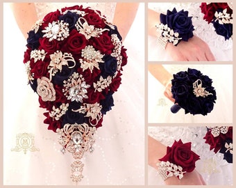 Burgundy and Navy blue rose gold Teardrop brooch bouquet