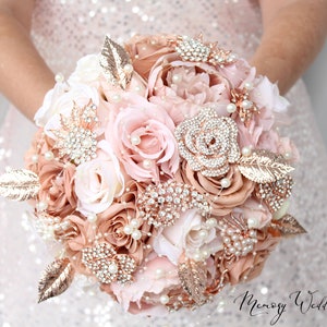 Champagne Wedding bouquet. Blush pink rose gold brooch bouquet. Bridal bouquet. Silk flowers bouquet image 5