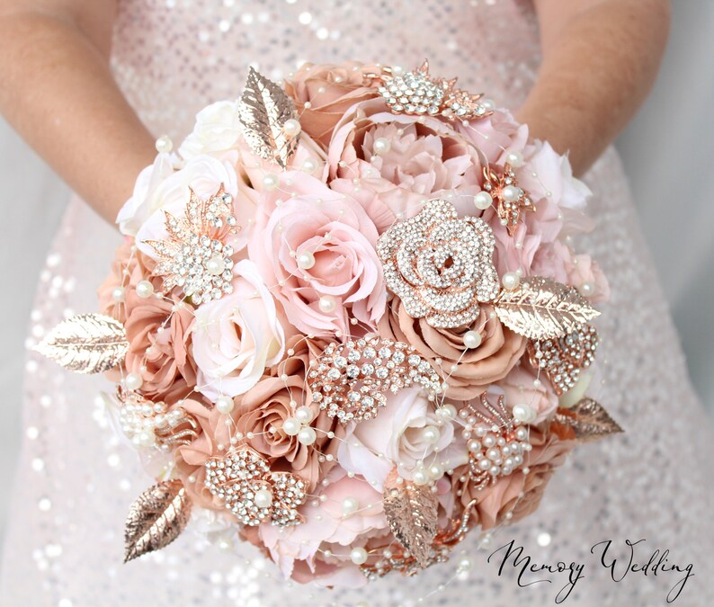 Champagne Wedding bouquet. Blush pink rose gold brooch bouquet. Bridal bouquet. Silk flowers bouquet image 5