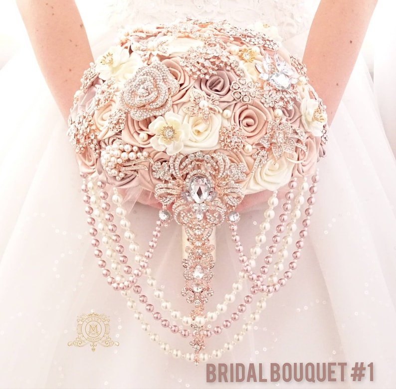 Wedding bouquet Champagne rose gold brooch bouquet, ivory boutonniere corsage, bridesmaids. 