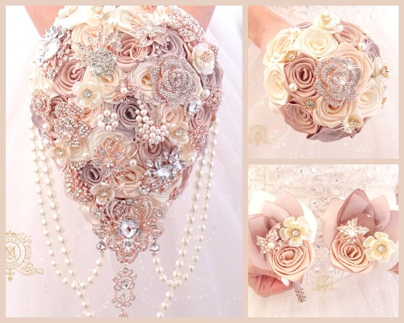 Rose gold champagne teardrop brooch bouquet image 2