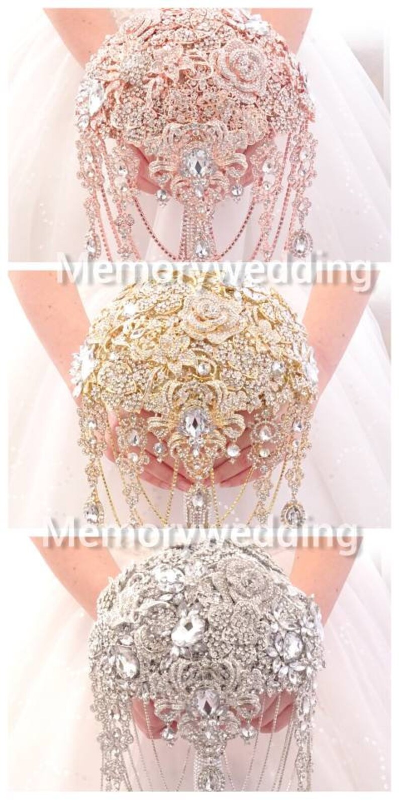 lux handle bouqet Luxury full jeweled silver or rose gold brooch bouquet by MemoryWedding Wedding glamour Gatsby crystal bling cascading