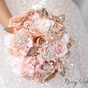 Champagne Wedding bouquet. Blush pink rose gold brooch bouquet. Bridal bouquet. Silk flowers bouquet image 3