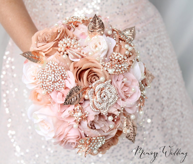 Champagne Wedding bouquet. Blush pink rose gold brooch bouquet. Bridal bouquet. Silk flowers bouquet image 3