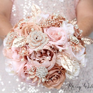 Champagne Wedding bouquet. Blush pink rose gold brooch bouquet. Bridal bouquet. Silk flowers bouquet image 6
