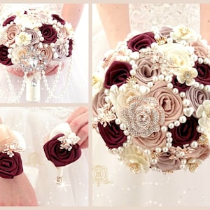 Burgundy Champagne rose gold wedding or quinceañera brooch bridal bouquet.