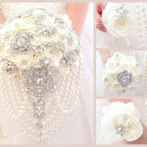 White wedding bouquet. Silver bridal bouquet. Brooch bouquet. Ivory brooch bouquet.  Winter wedding bouquet.