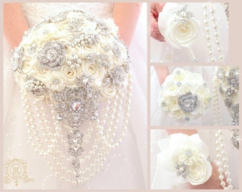 Classic wedding bouquet. White wedding bouquet. Winter bouquet. Silver jeweled bridal bouquet. Pearl cascade bouquet.