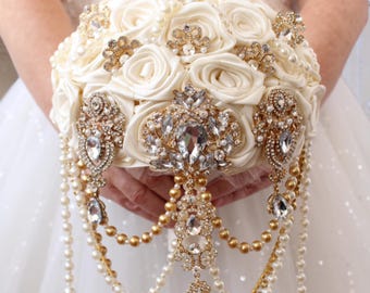 Ivory & Gold Brooch Bouquet: Great Gatsby Style, Pearl Cascade