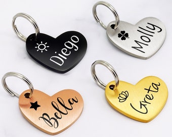 Dog Name Tag Heart Dog Tag Personalized, Engraved Dog Tag, Custom Dog Tag, Rose Gold Silver Black Dog Tag, Pet Tag, Cat Tag, Dog Collar Tag