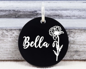 Cute Dog Tag, Engraved Dog Tag, Dog Name Tag, Birth Flower Dog Tag, Cat Tag, Dog Tag Personalized, Dog ID Tag, Pet ID Tag, Custom Dog Tag
