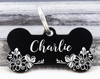 Personalized Dog Tag, Dog Tag, Custom Dog Tag, Engraved Dog Tag, Floral Dog Tag, Bone Shape Dog ID Tag, Dog Tags for Dogs, Dog Name Tag
