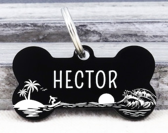 Cute Dog Tag, Surfing Ocean Beach Dog Tag, Custom Dog Tag, Engraved Dog Tag, Personalized Dog Tag, Bone Shape Dog Tag Personalized for Dogs