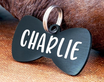 Dog ID Tag, Dog Name Tag, Custom Dog Tag, Engraved Dog Tag Bow Tie Dog Tag Personalized, Black Dog Tag Personalized for Dogs, Bowtie Dog Tag