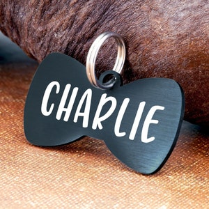 Dog ID Tag, Dog Name Tag, Custom Dog Tag, Engraved Dog Tag Bow Tie Dog Tag Personalized, Black Dog Tag Personalized for Dogs, Bowtie Dog Tag