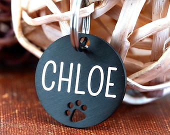 Dog Tag Personalized, Custom Dog Tag, Round Paw Cutout Black Rose Gold Silver Dog Tag Personalized Round, Dog Tag, Engraved Dog Tag for Dog