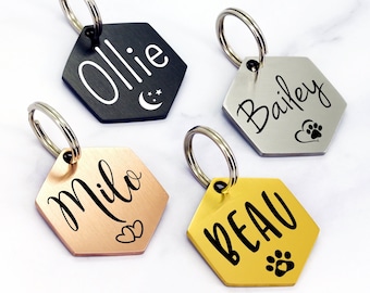 Hexagon Dog Tag Personalized for Dogs, Custom Dog Tag, Dog Name Tag, Engraved Dog Tag, Microchipped Dog Tag, Rose Gold Silver Black Dog Tag