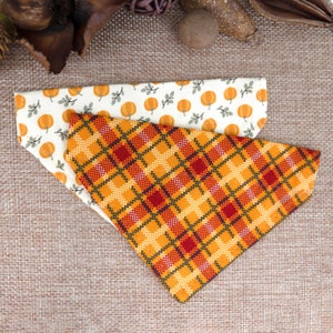 Pet Cat Bandana Orange Plaid Bandana Collar for Cat Small Dog - Fall, Autumn, Thanksgiving, Halloween Slide-on Bandana | Fits 1/2" W Collar