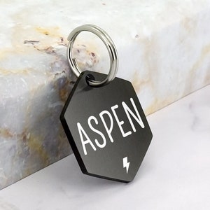 May include: Black hexagonal pet ID tag with a silver ring and the name "ASPEN" in white lettering with a lightning bolt symbol.
