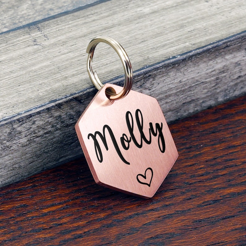 May include: Rose gold hexagon-shaped pet ID tag with a black engraved name "Molly" and a small heart.