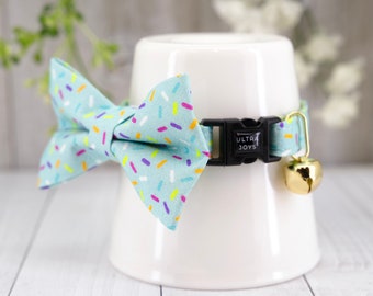 Breakaway Cat Collar with Bowtie, Birthday Sprinkles Cat Collar Breakaway, Celebration Strawberry | Birthday Gift for Cat, Kitten, Small Dog