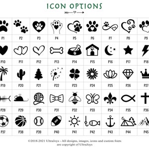 May include: A grid of 45 black and white icons, each representing a different design. The icons are arranged in 5 rows of 9 icons each. The icons include paw prints, hearts, bones, a dog house, a star, a lightning bolt, a palm tree, a cactus, a tree, a dandelion, a clover, a flower, a lotus flower, a diamond, a crown, a fish skeleton, a mouse, a ball of yarn, a bow tie, a bee, a butterfly, a fleur-de-lis, a fish, a cross, a soccer ball, a basketball, a baseball, a football, a sun, a fish, an anchor, a mountain range, and a mountain range.