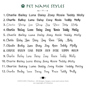 May include: A white background with black text showing 12 different styles of pet names. The names are Charlie, Bailey, Luna, Daisy, Zoey, Rosie, Teddy, and Molly. The text is in a cursive font.