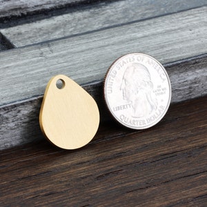 May include: A gold-colored metal teardrop-shaped tag with a hole at the top. The tag is about the size of a US quarter.