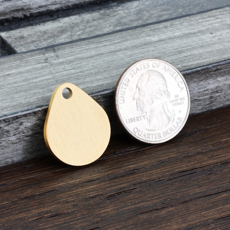May include: A gold-colored metal teardrop-shaped tag with a hole at the top. The tag is about the size of a US quarter.