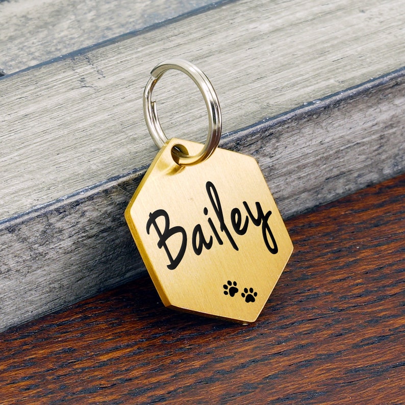 May include: Gold hexagonal dog tag with the name "Bailey" engraved in black script and two paw prints.