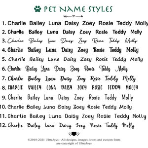 May include: A graphic showing 12 different styles of pet names, including Charlie, Bailey, Luna, Daisy, Zoey, Rosie, Teddy, and Molly. The names are written in various fonts and styles.