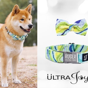 Personalized Dog Collar with Bow Tie, Blue Green Wave Dog Collar with Bowtie Engraved Dog Collar, Cute Dog Collar Custom Dog Collar Boy Girl