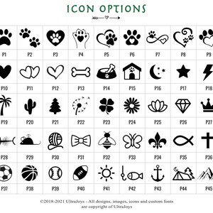 May include: A grid of 45 black and white icons, each representing a different design. The icons are arranged in 5 rows of 9 icons each. The icons include paw prints, hearts, bones, a dog house, a star, a lightning bolt, a palm tree, a cactus, a tree, a dandelion, a clover, a flower, a lotus flower, a diamond, a crown, a fish skeleton, a mouse, a ball of yarn, a bow tie, a bee, a butterfly, a fleur-de-lis, a fish, a cross, a soccer ball, a basketball, a baseball, a football, a sun, a fish, an anchor, a mountain range, and a mountain range.