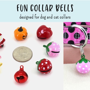 May include: Assortment of colorful metal bells for dog and cat collars. Bells include a pumpkin, a heart, a strawberry, a Santa Claus, a yellow bell, a red bell, and a pink bell.  The bells are shown next to a US quarter for size reference.  FUN COLLAR BELLS designed for dog and cat collars.