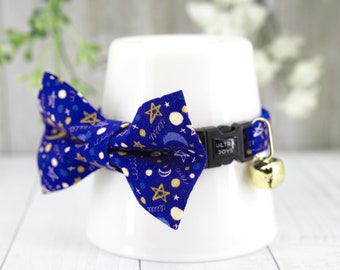 Breakaway Cat Collar with Bowtie, Moon Stars Cat Collar with Bow Tie - Mystery Twilight Midnight Moon Light | Cat, Kitten, Small Dog