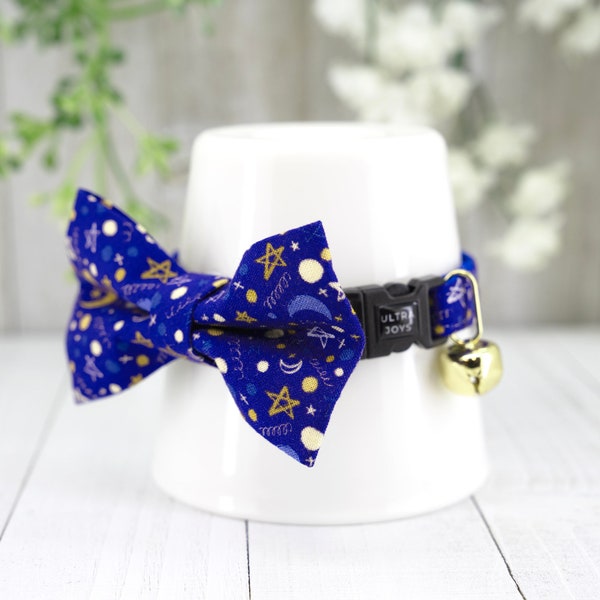 Breakaway Cat Collar with Bowtie, Moon Stars Cat Collar with Bow Tie - Mystery Twilight Midnight Moon Light | Cat, Kitten, Small Dog