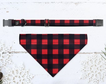 Red Buffalo Check Dog Collar Bandana, Dog Bandana Over the Collar, Slip-On Dog Bandana on Collar, Plaid Dog Bandana Collar Dog Birthday Gift