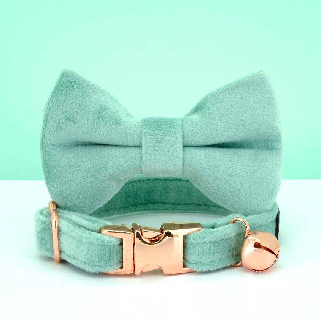 Green Velvet Cat Bowtie Collar Personalized Cat Collar Tag Etsy