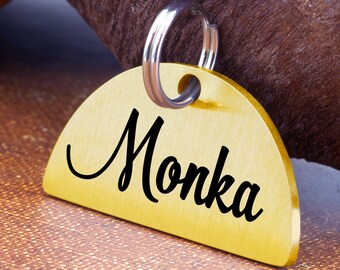 Gold Dog ID Tag, Semi-Circle Dog Tag Personalized, Cat Collar Tag, Cat ID Tag, Cat Name Tag, Dog Name Tag, Custom Dog Tag, Engraved Dog Tag